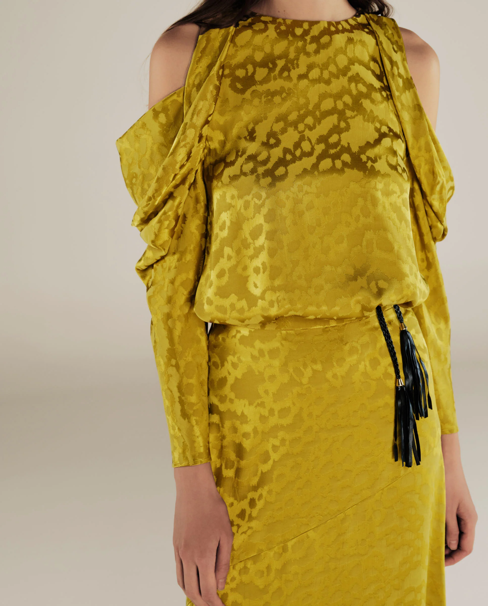 BHAKTI | Chartreuse Yellow Jacquard Leopard Print Blouse - Image 3