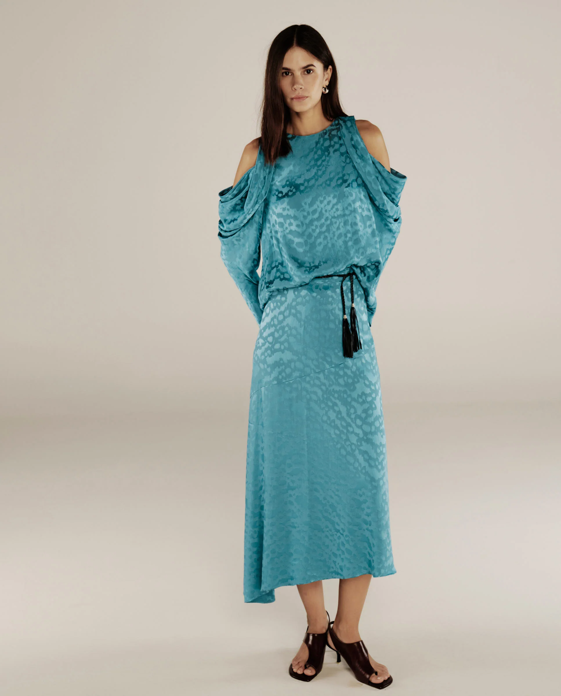 BHAKTI | Turquoise Blue Jacquard Leopard Print Blouse - Image 3