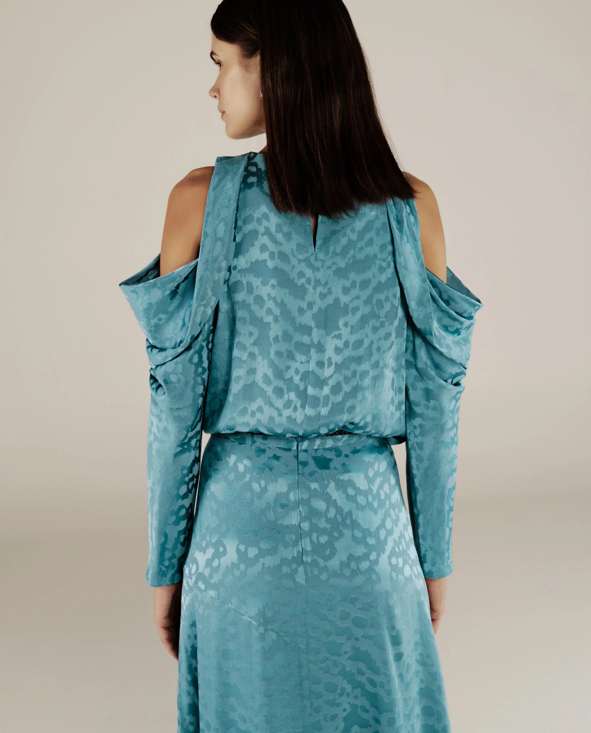 BHAKTI | Turquoise Blue Jacquard Leopard Print Blouse - Image 4