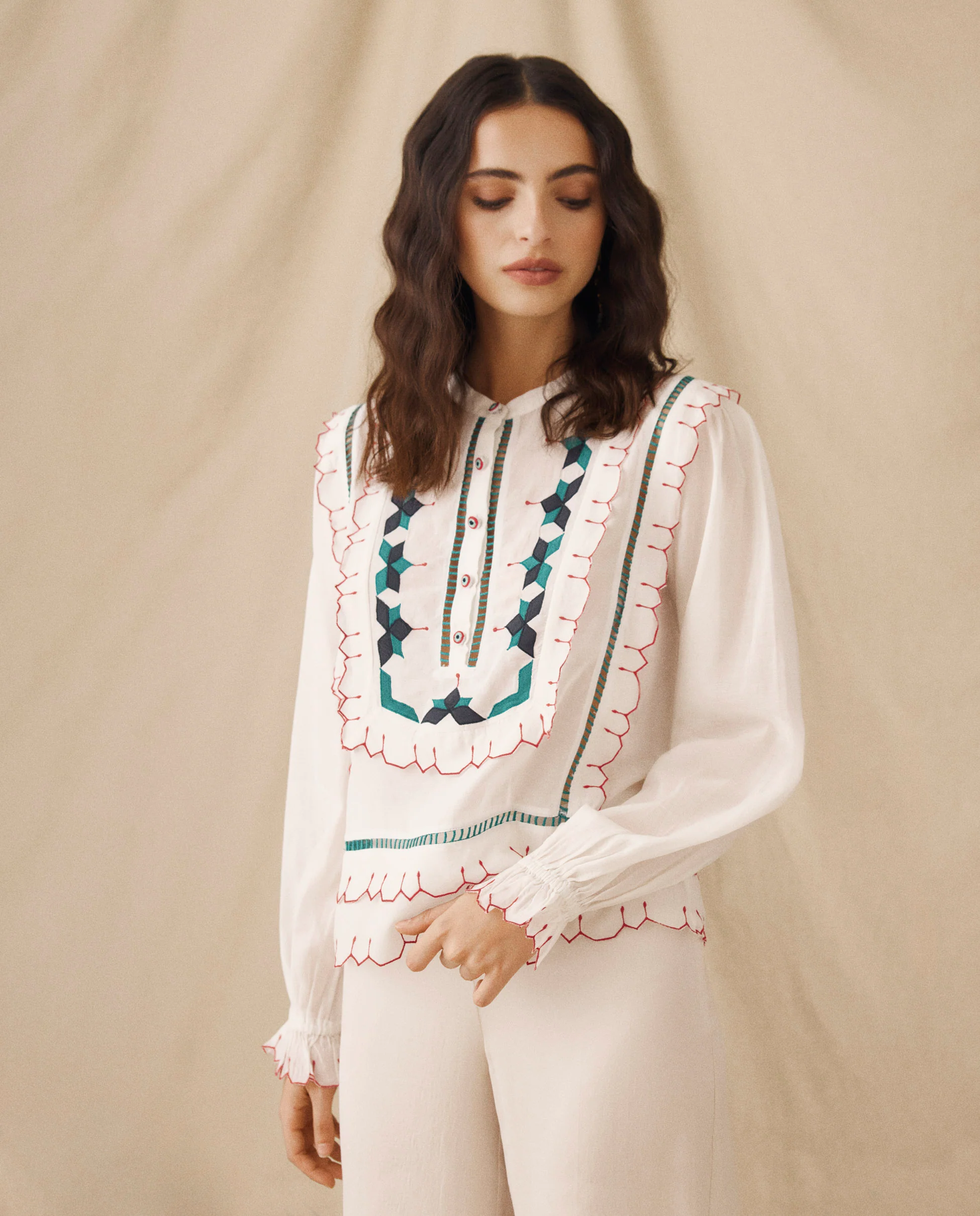 BILLIE | White Blouse with Geometric Embroidery - Image 3