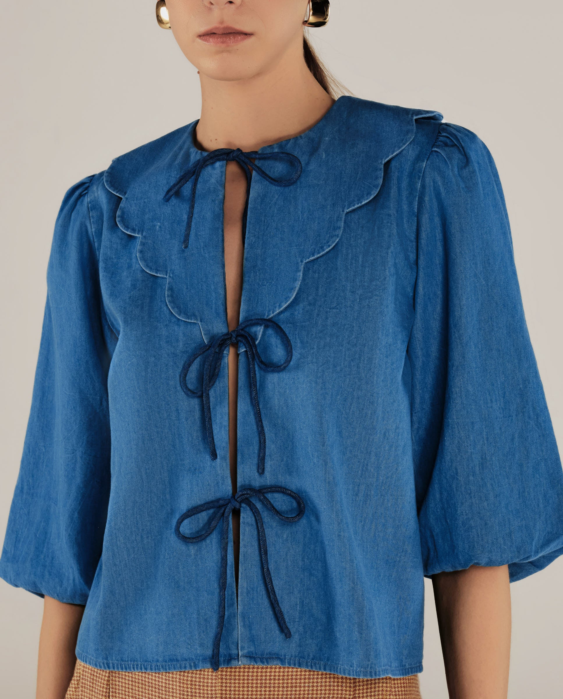 BRUNELLA | Denim Blue Tie Front Cotton Blouse - Image 3