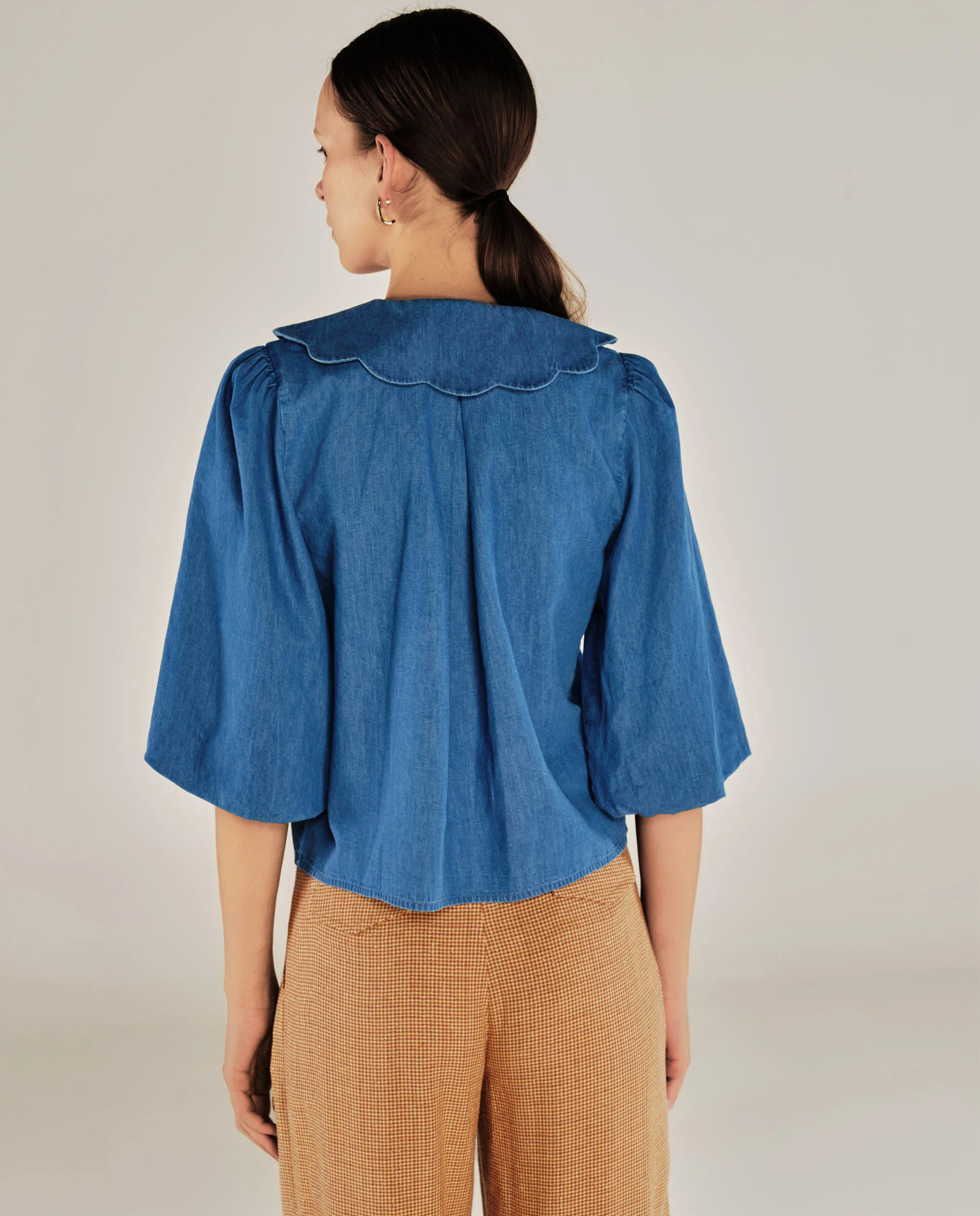 BRUNELLA | Denim Blue Tie Front Cotton Blouse - Image 4