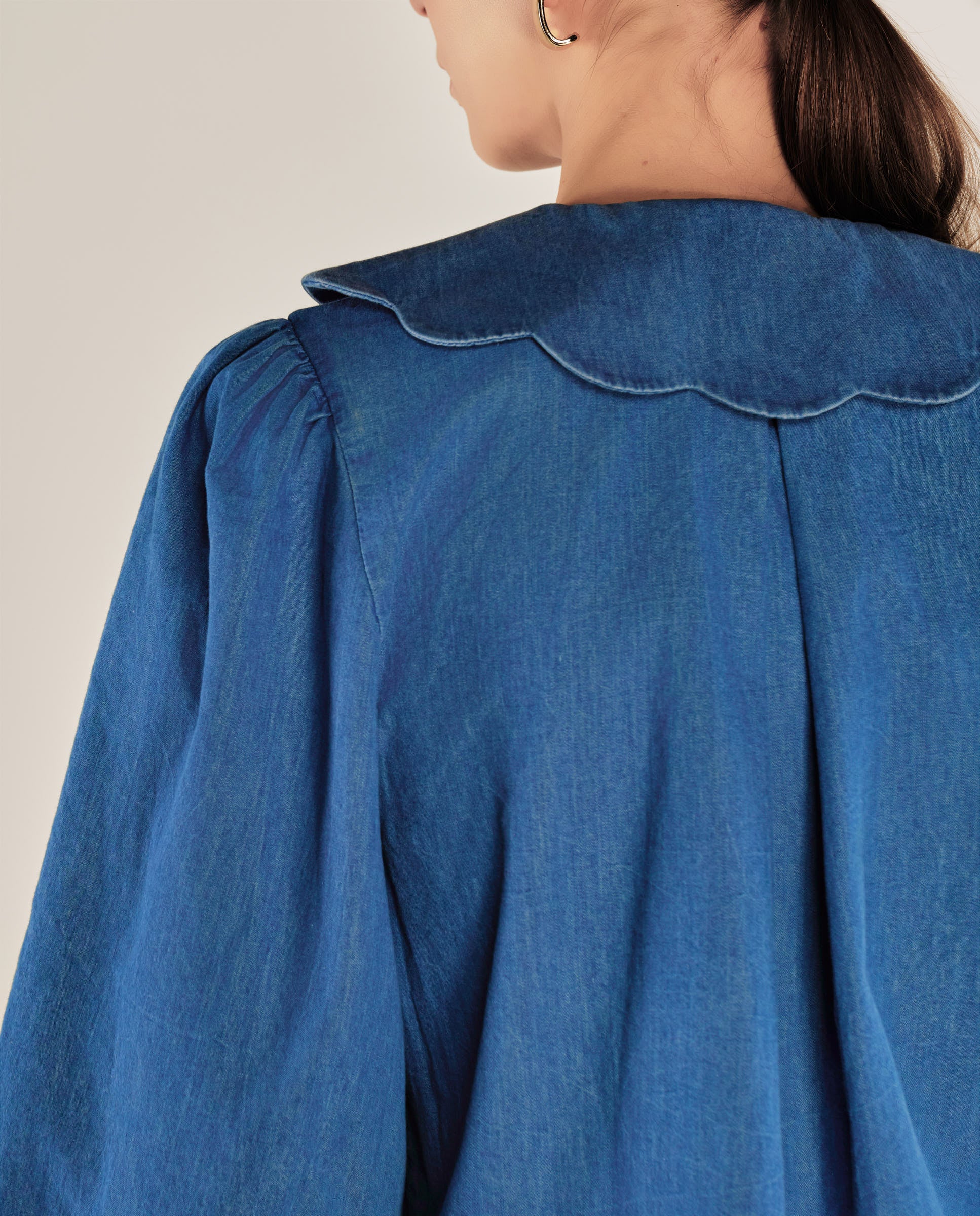 BRUNELLA | Denim Blue Tie Front Cotton Blouse - Image 5