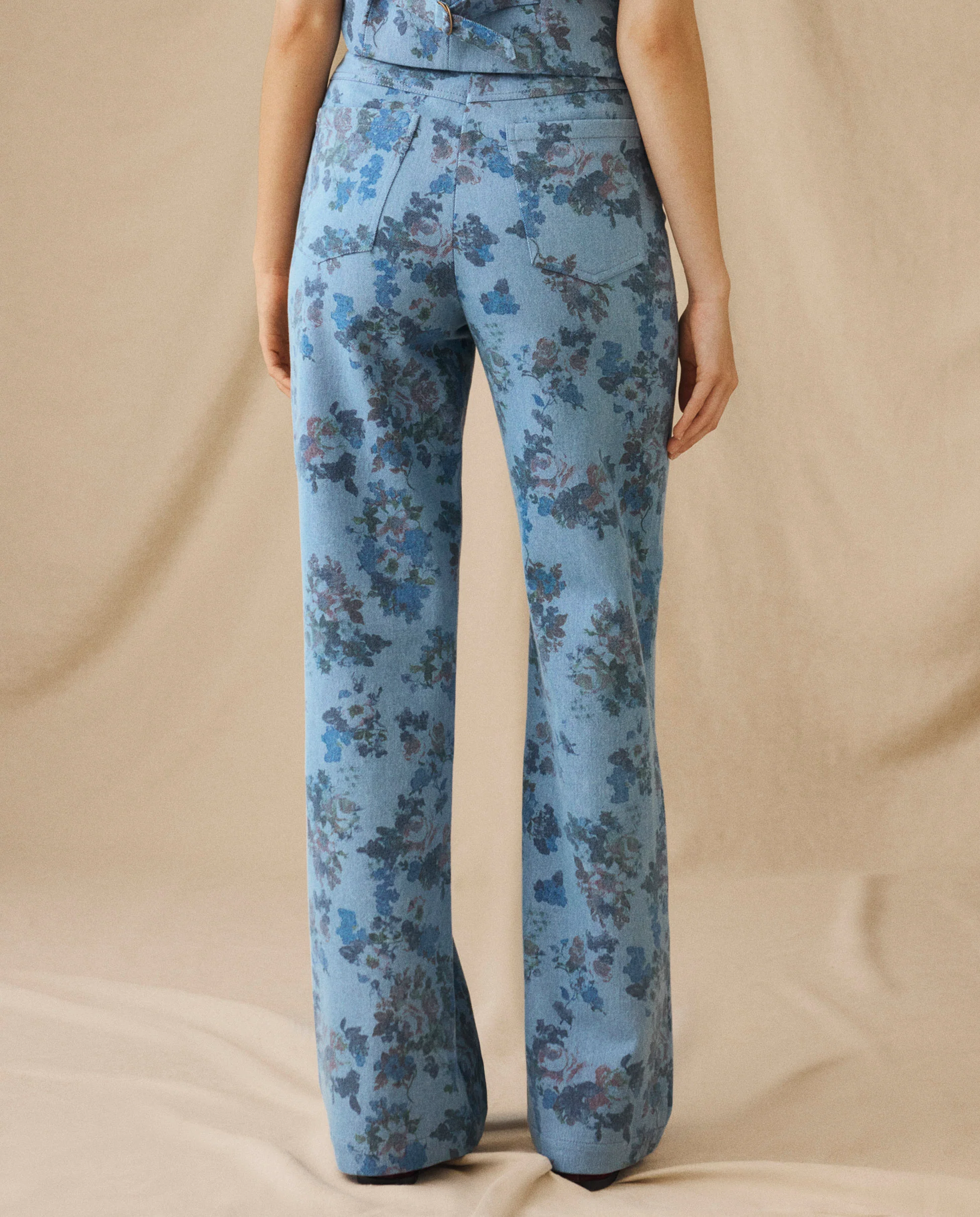 CONNIE | Blue Floral Printed Cotton Trousers - Image 5