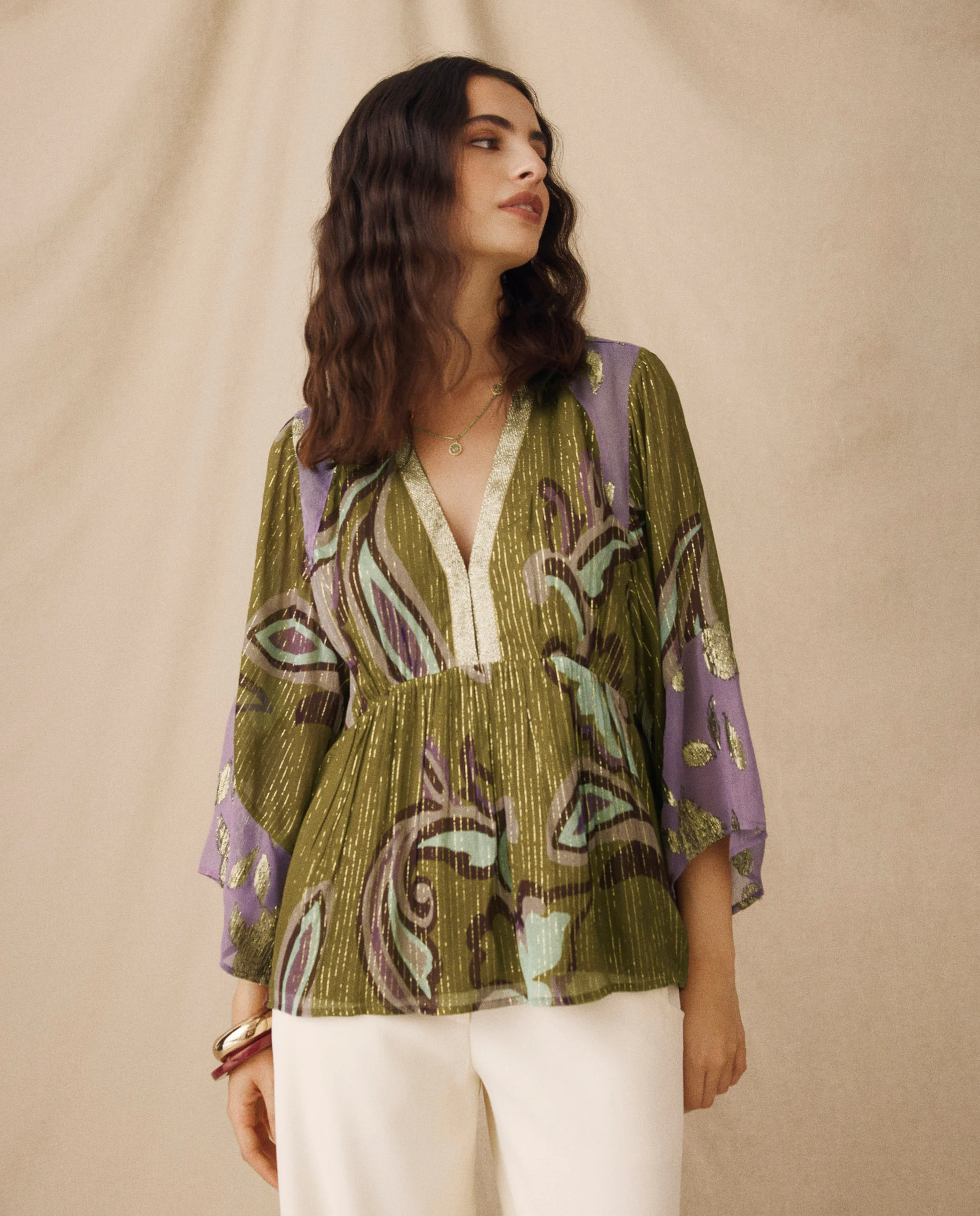 CORIANDER | Olive & Lilac Floral Printed Blouse - Image 3