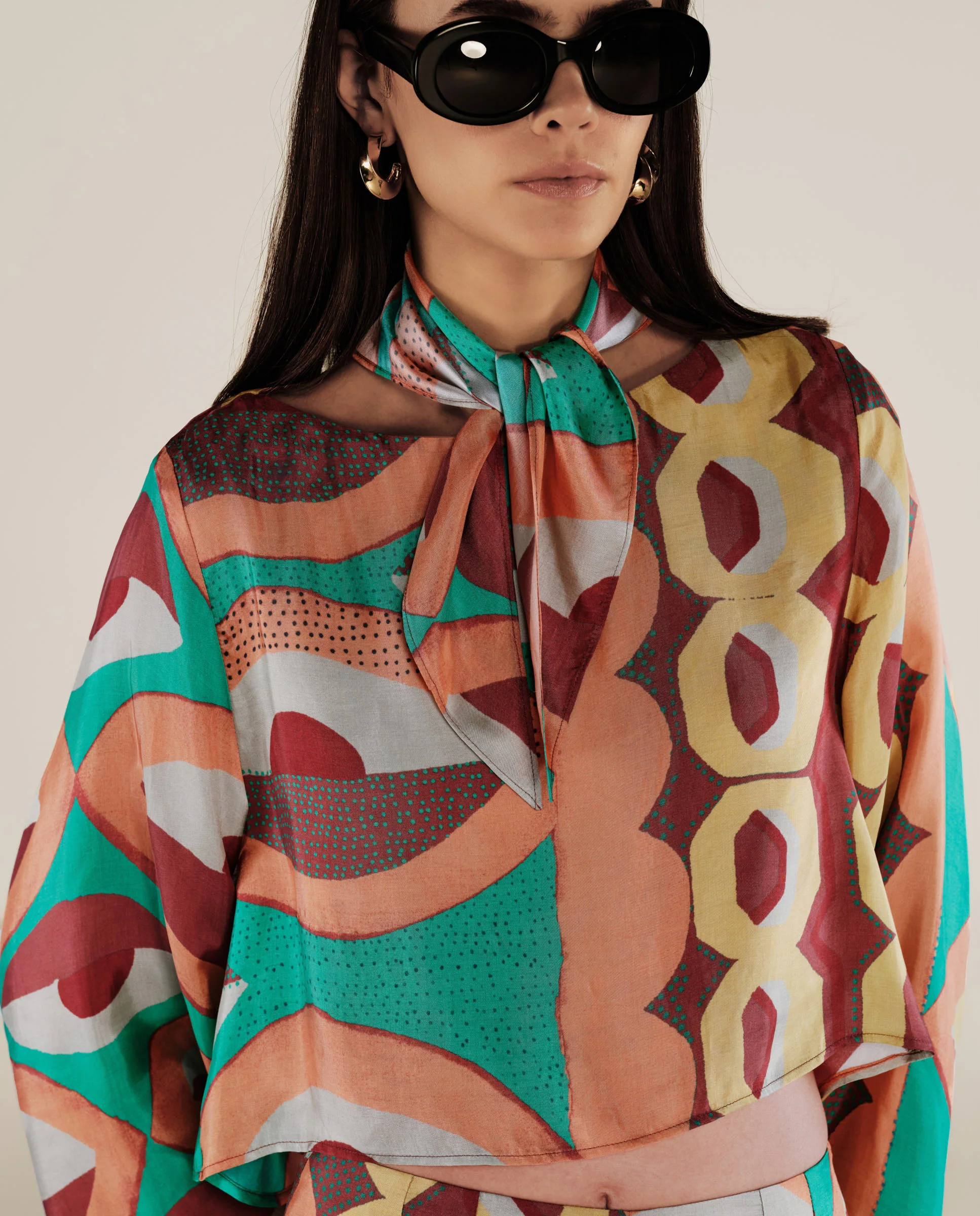 EMBER | Multicoloured Geometric Print Satin Crop Blouse - Image 3