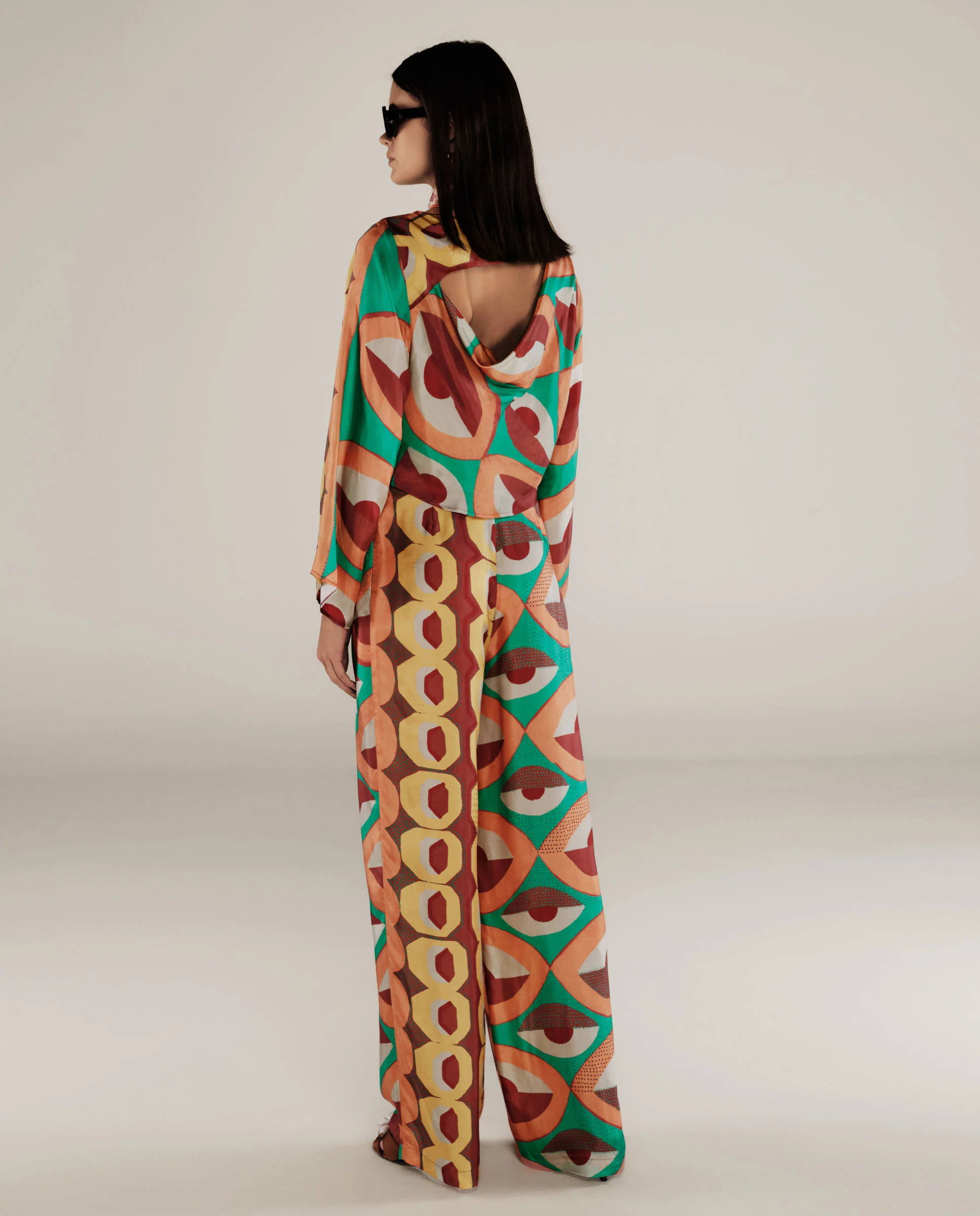 EMBER | Multicoloured Geometric Print Satin Crop Blouse - Image 4