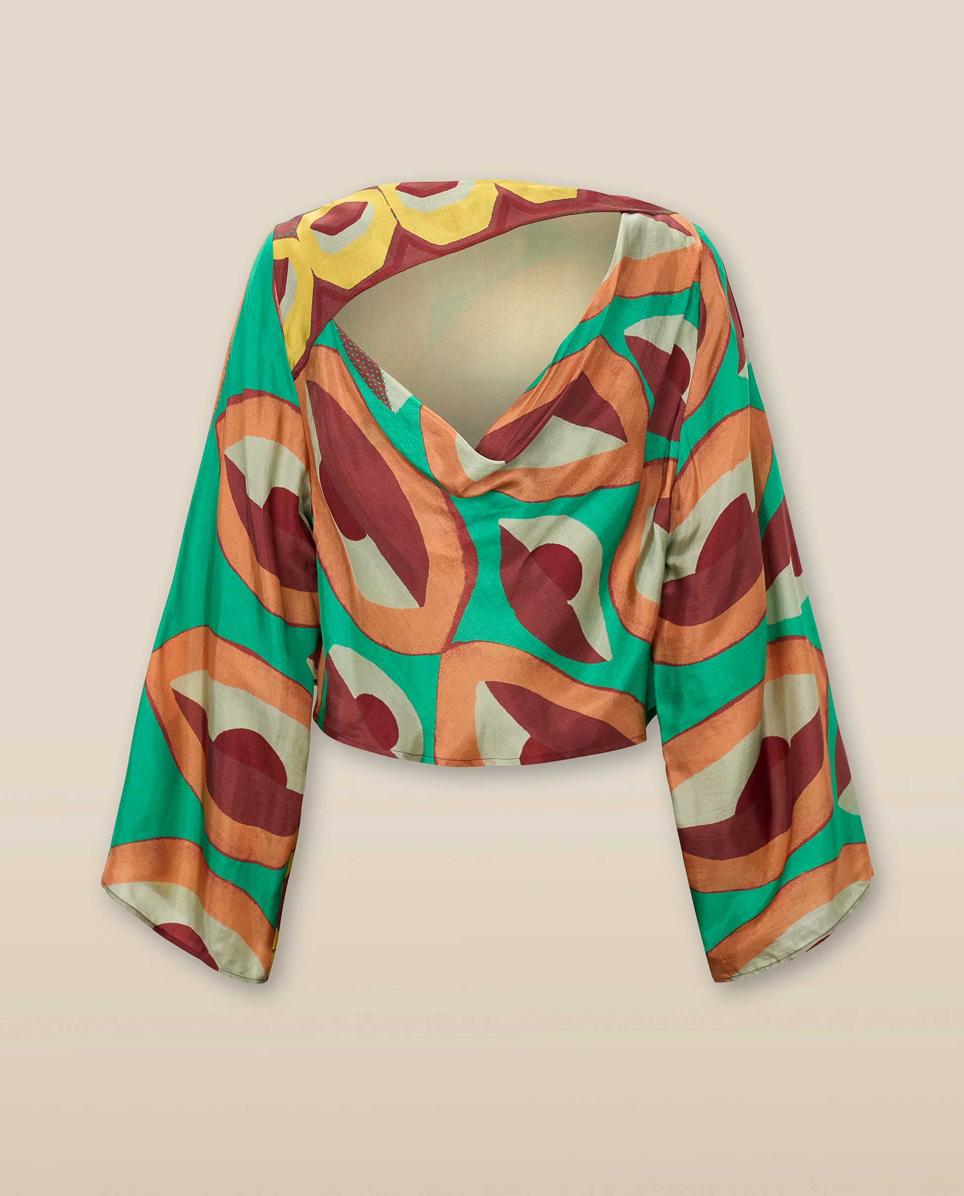 EMBER | Multicoloured Geometric Print Satin Crop Blouse - Image 5