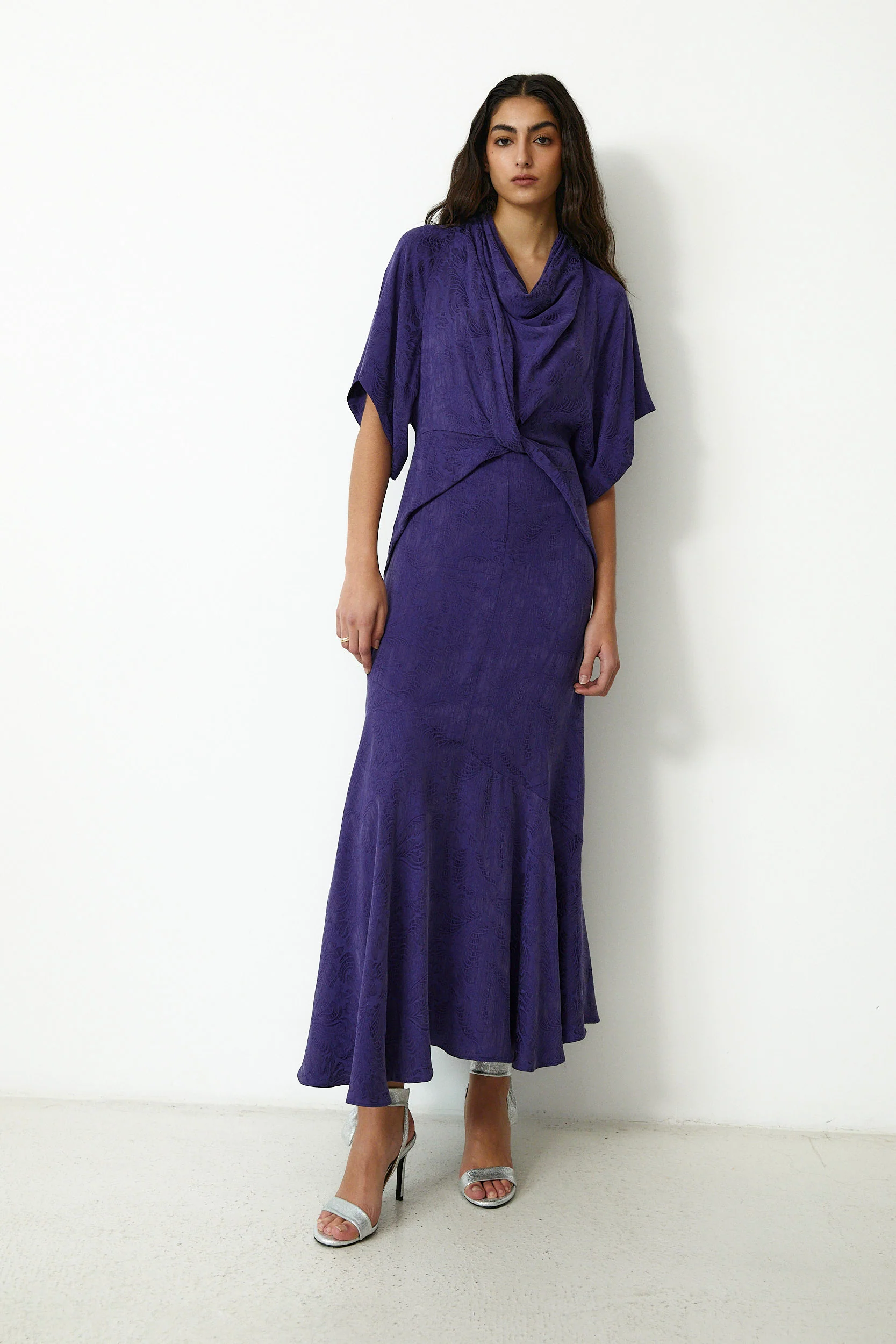 FLAVIANA | Dark Purple Tonal Jacquard Dress - Image 3