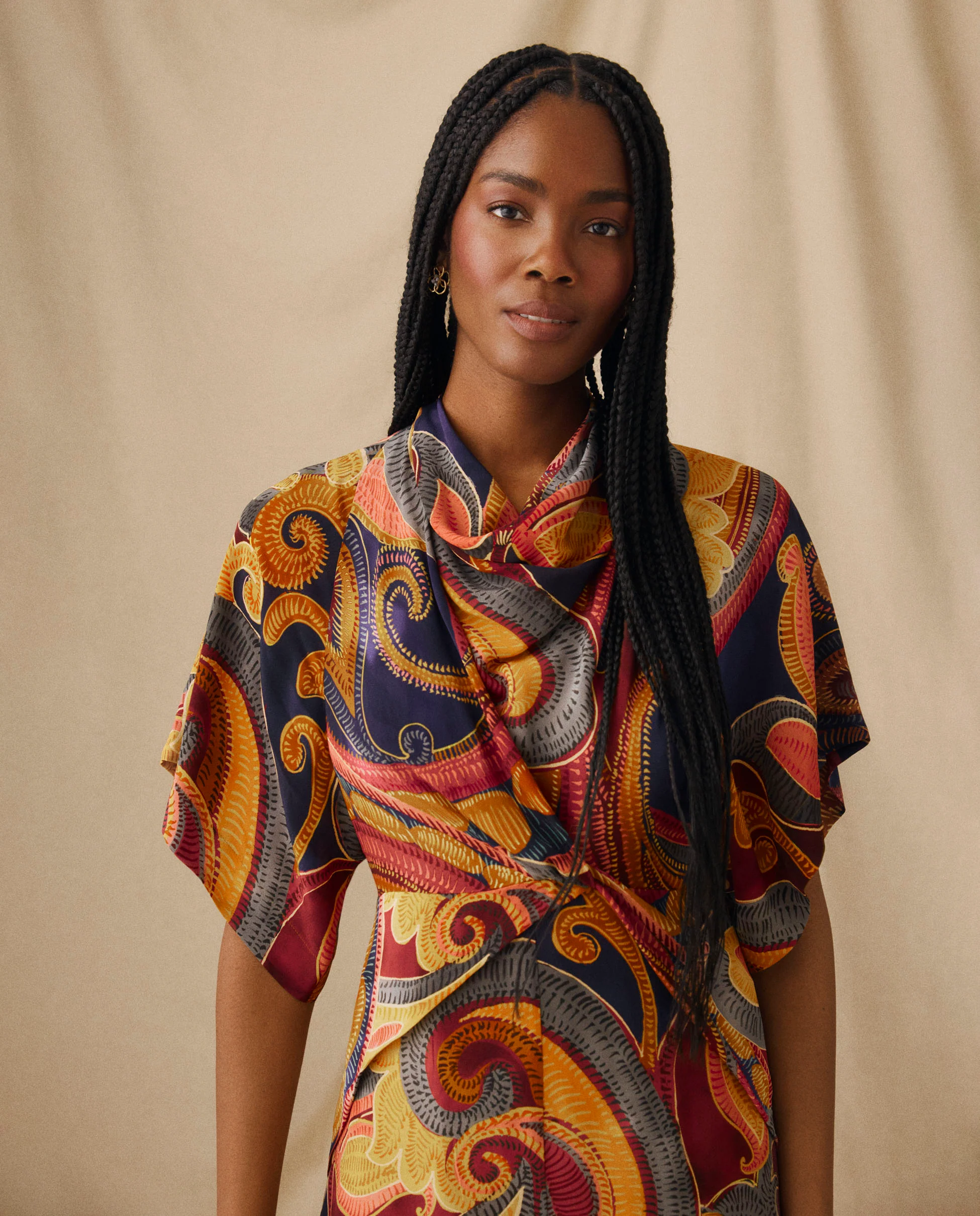 FLAVIANA | Golden Paisley Draped Midi Dress - Image 3