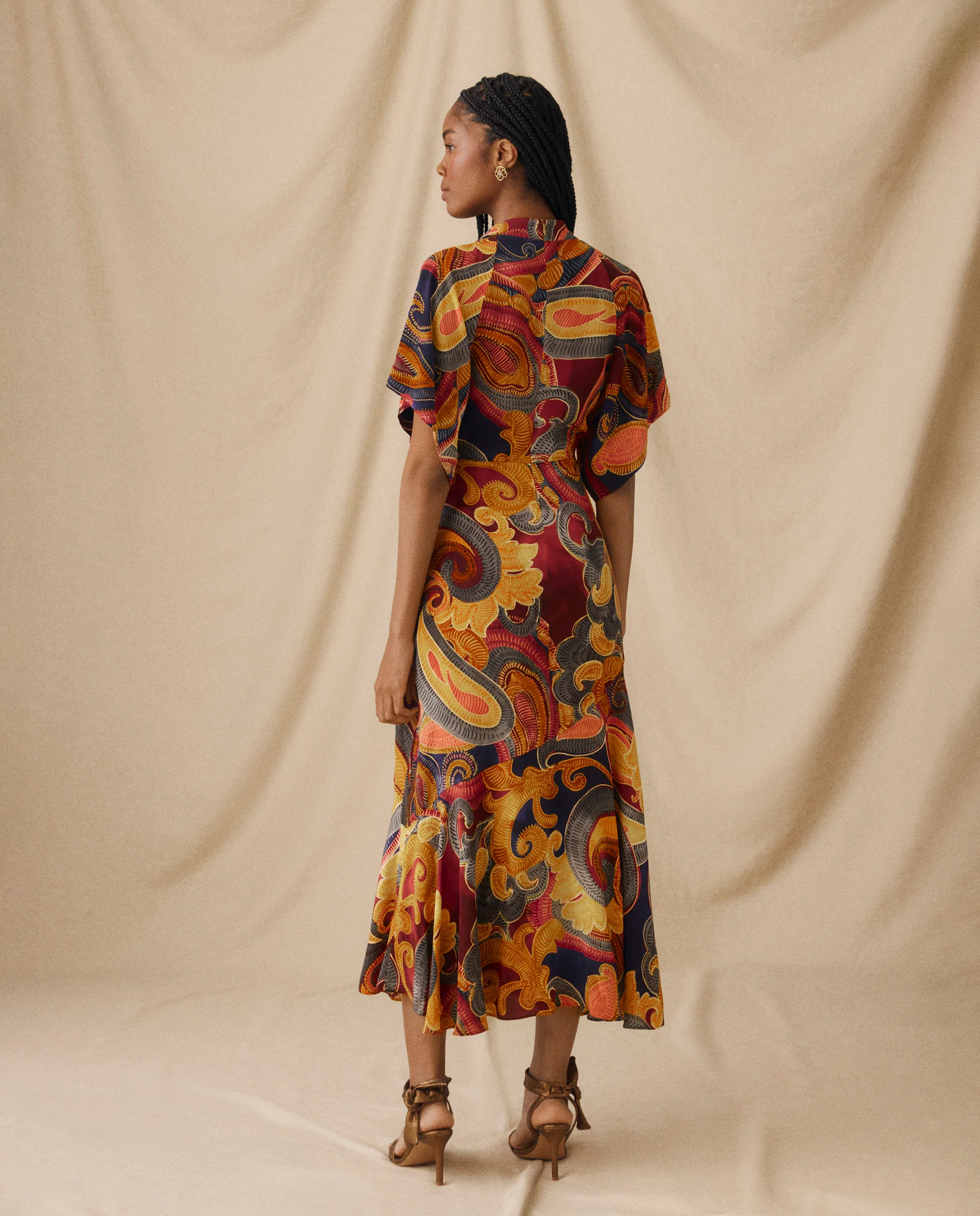FLAVIANA | Golden Paisley Draped Midi Dress - Image 4