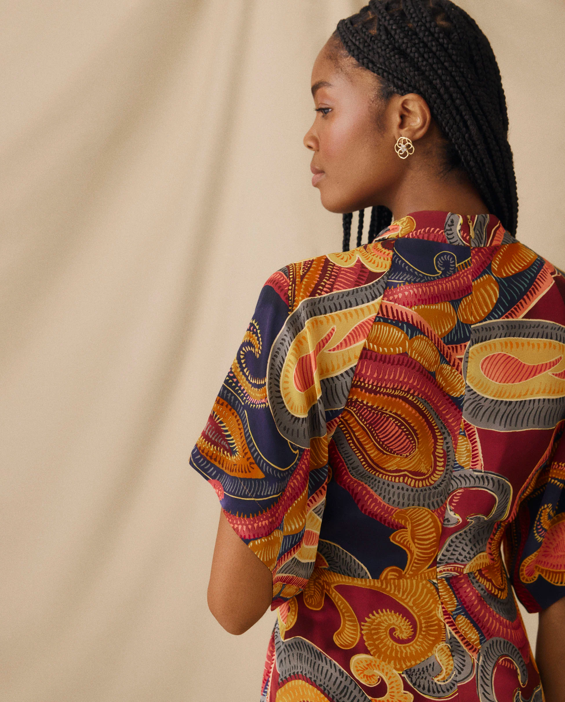 FLAVIANA | Golden Paisley Draped Midi Dress - Image 5