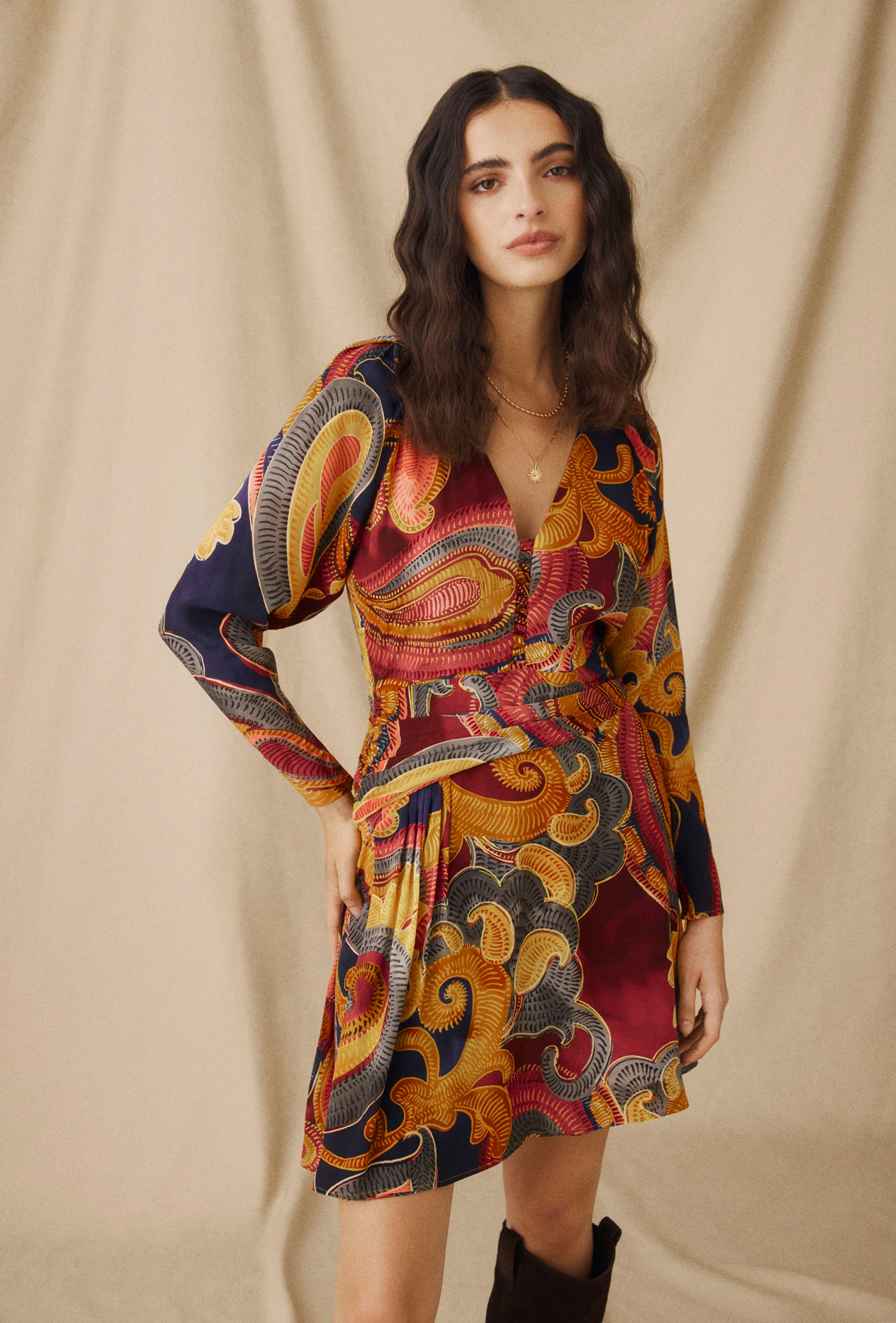 FLAVIE | Golden Short Paisley Print Dress - Image 5