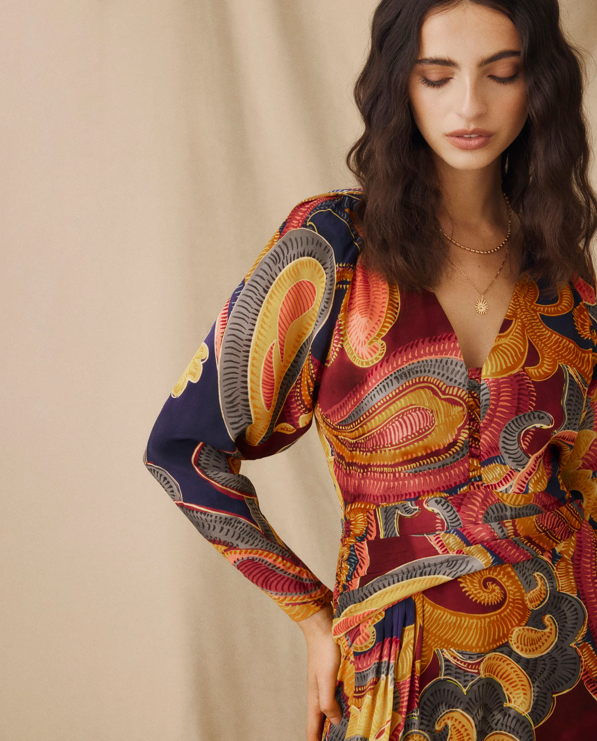 FLAVIE | Golden Short Paisley Print Dress - Image 6