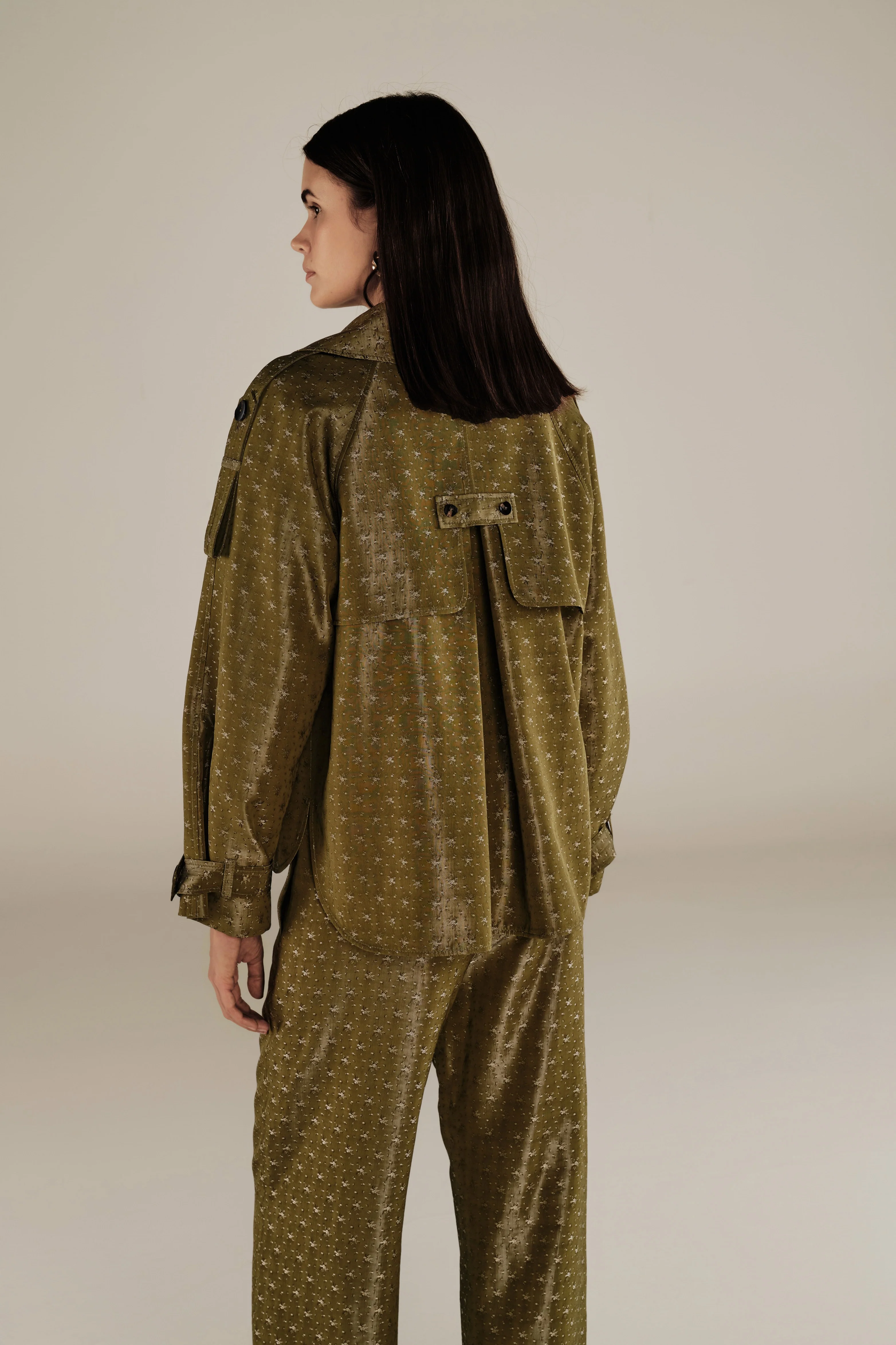 HAMA | Green & Gold Flower Jacquard Short Trench Coat - Image 3