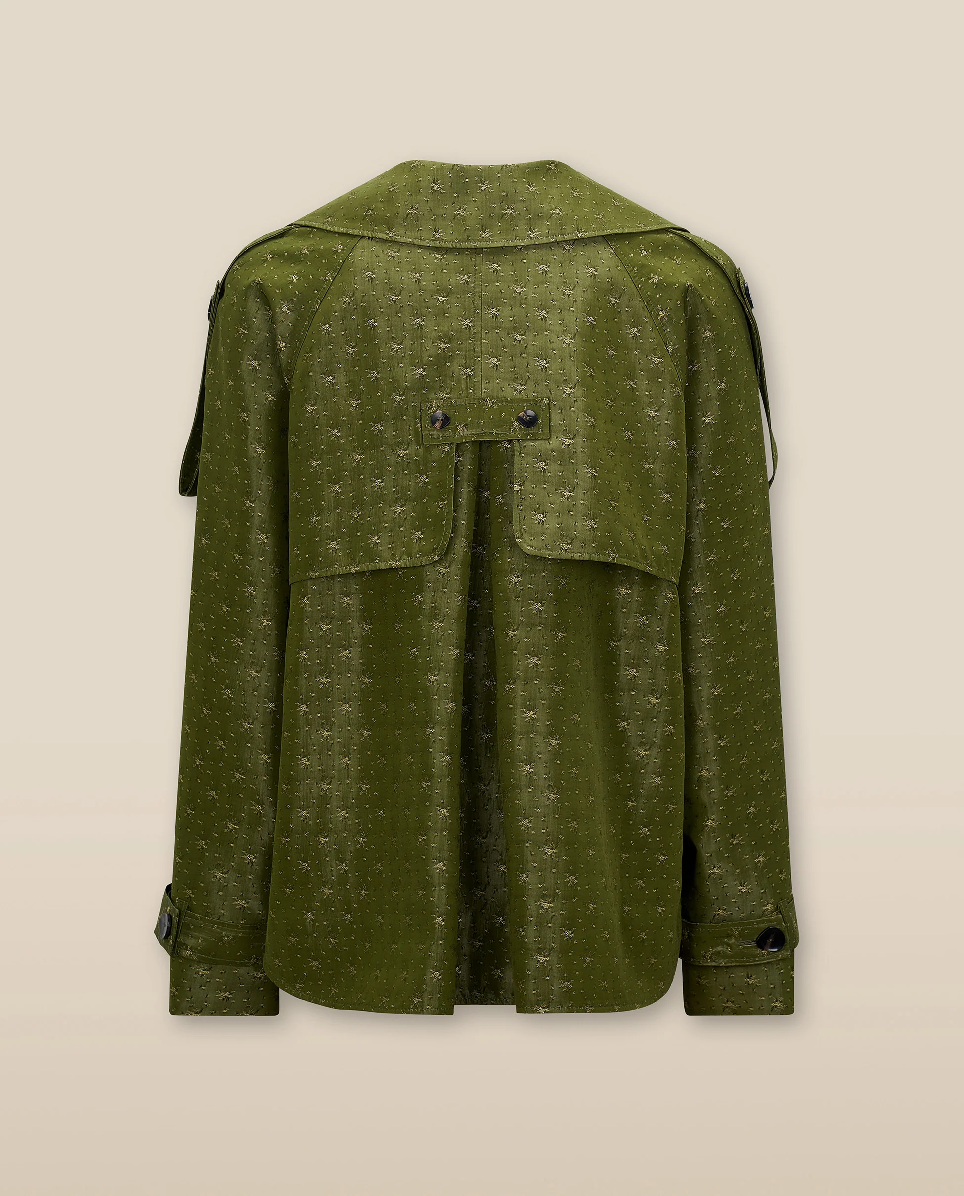 HAMA | Green & Gold Flower Jacquard Short Trench Coat - Image 4