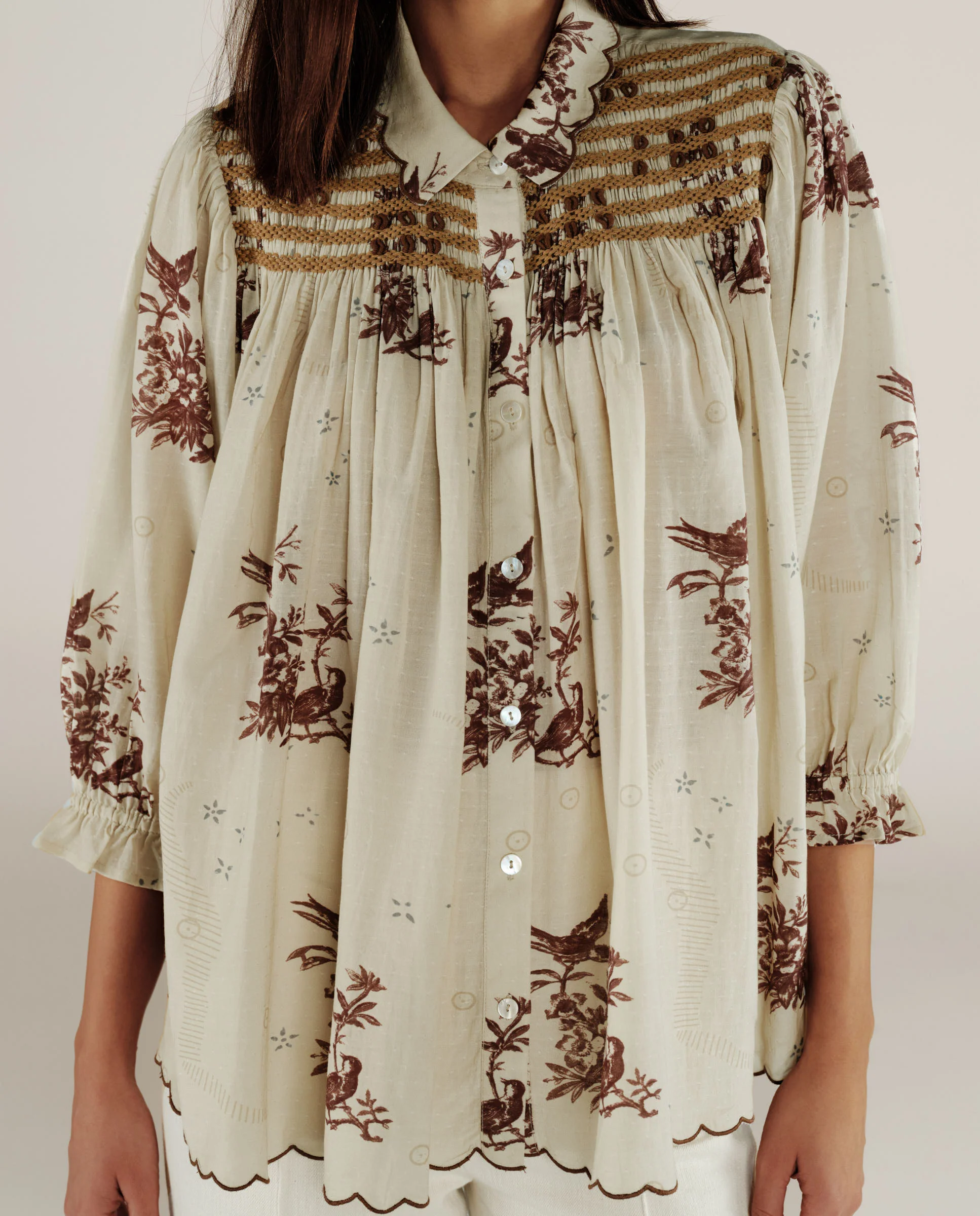 LABONI | Ecru & Brown Floral Embroidery Blouse - Image 3