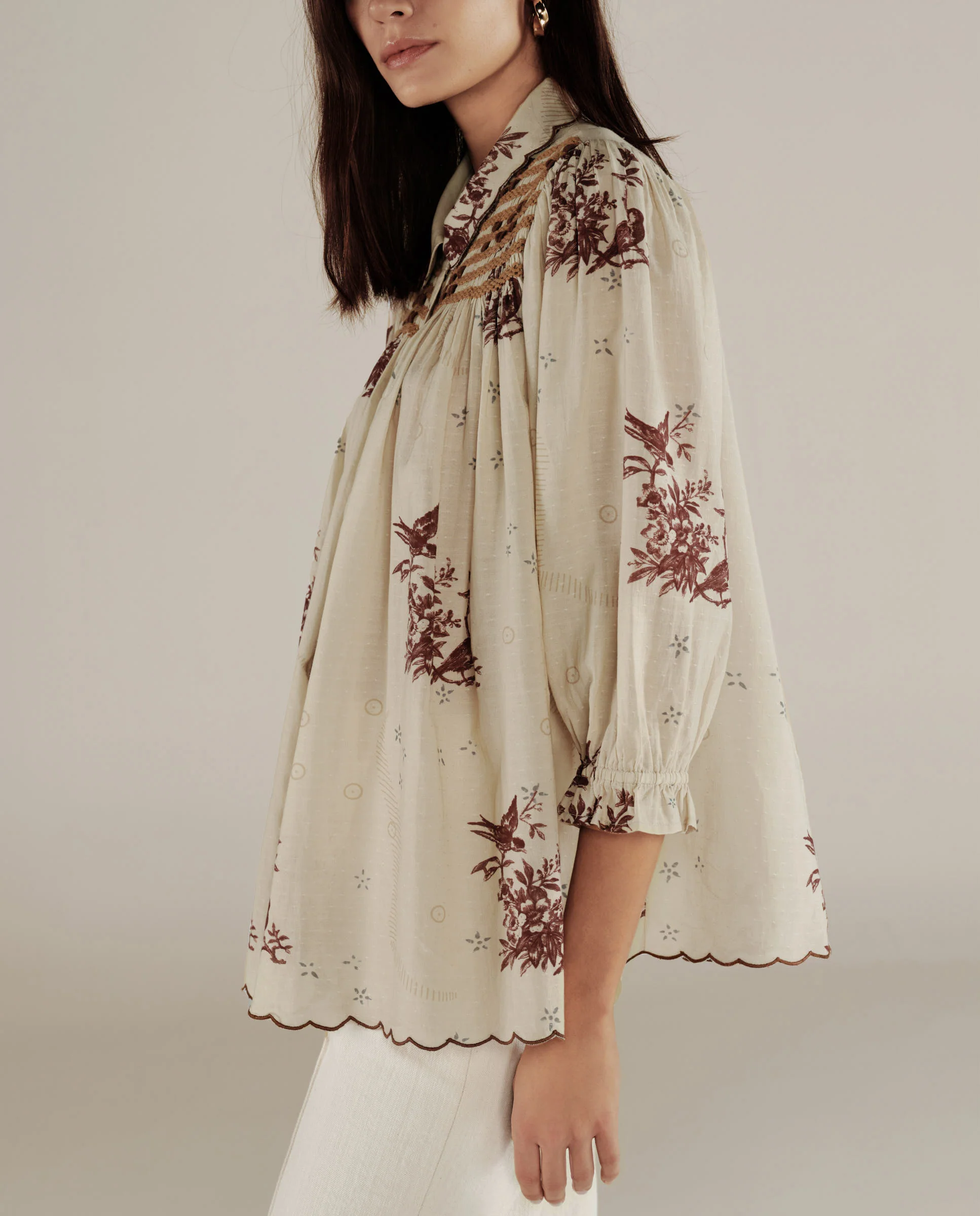 LABONI | Ecru & Brown Floral Embroidery Blouse - Image 5