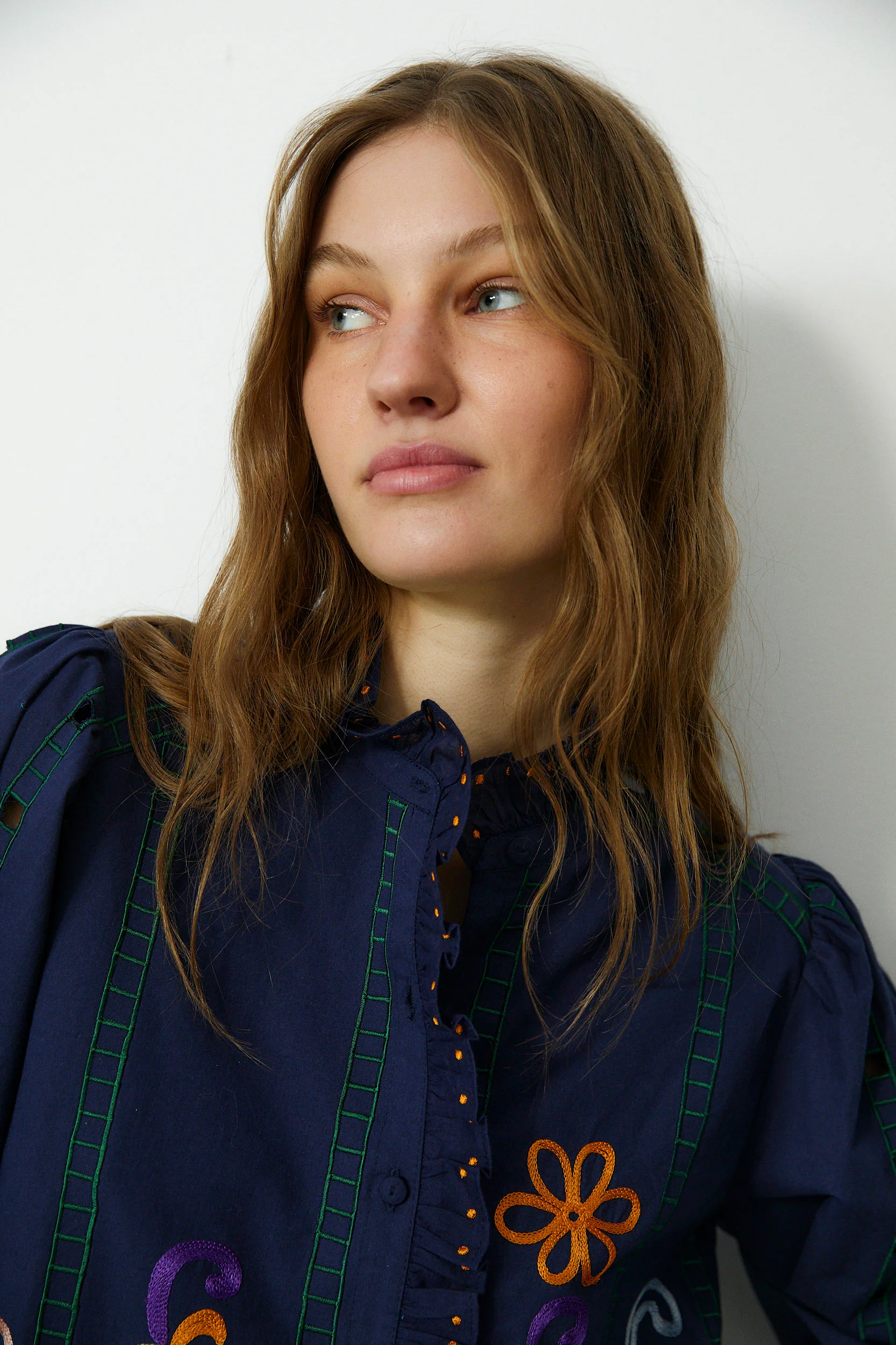 MADIE | Navy Embroidered Cotton Blouse - Image 3