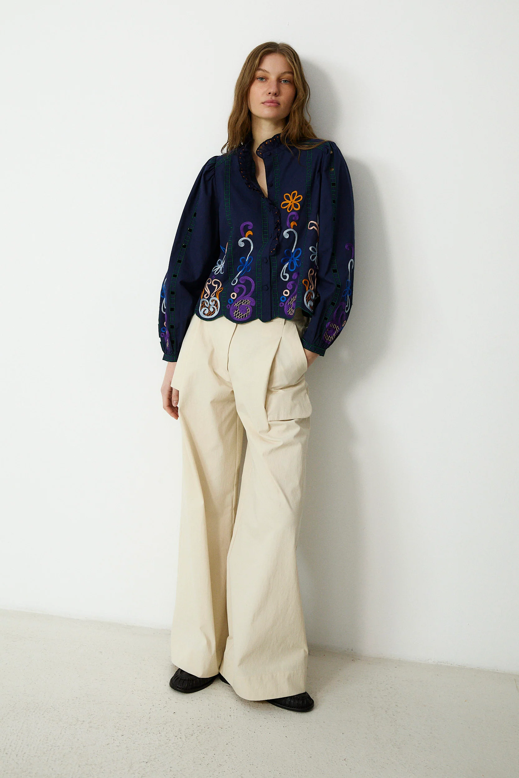 MADIE | Navy Embroidered Cotton Blouse - Image 6