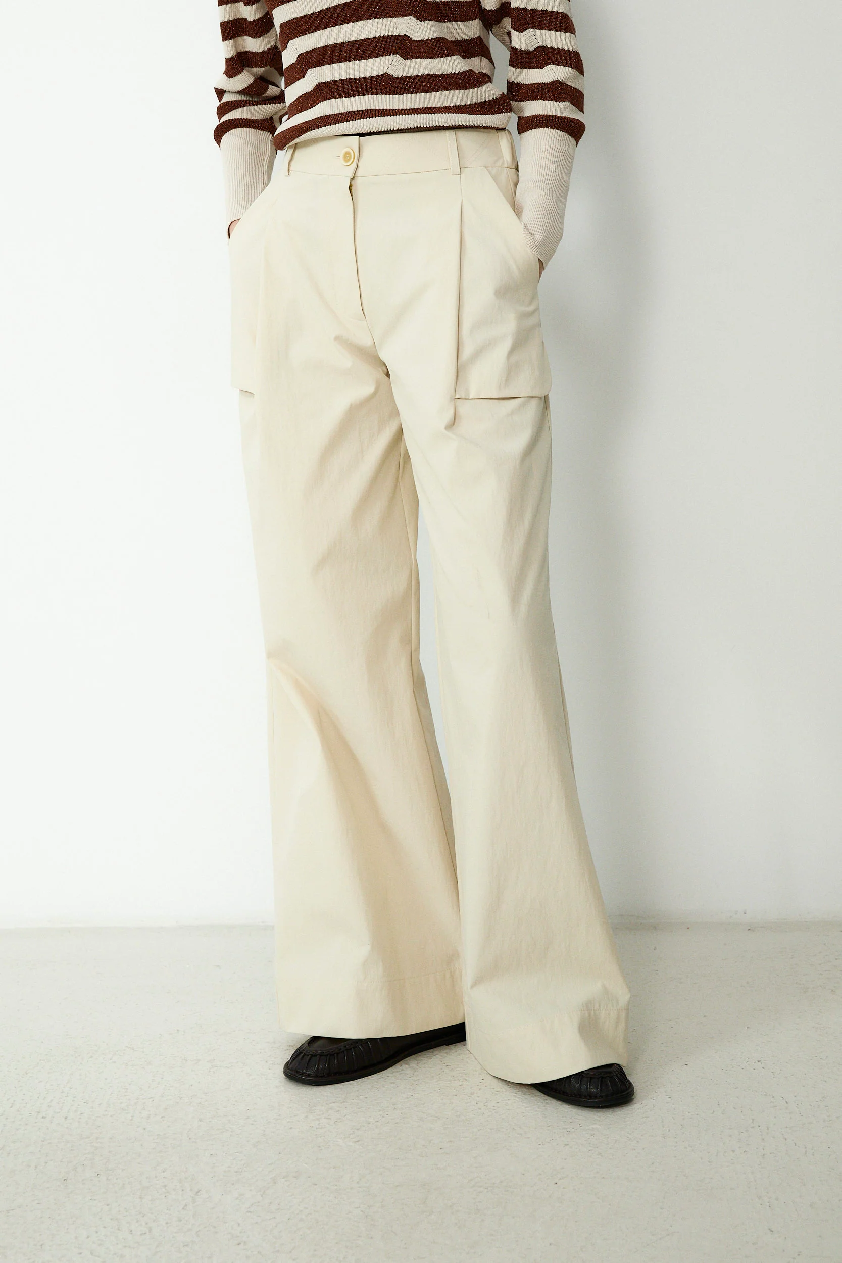 ODETTE | Beige Cotton Wide Leg Trousers - Image 3
