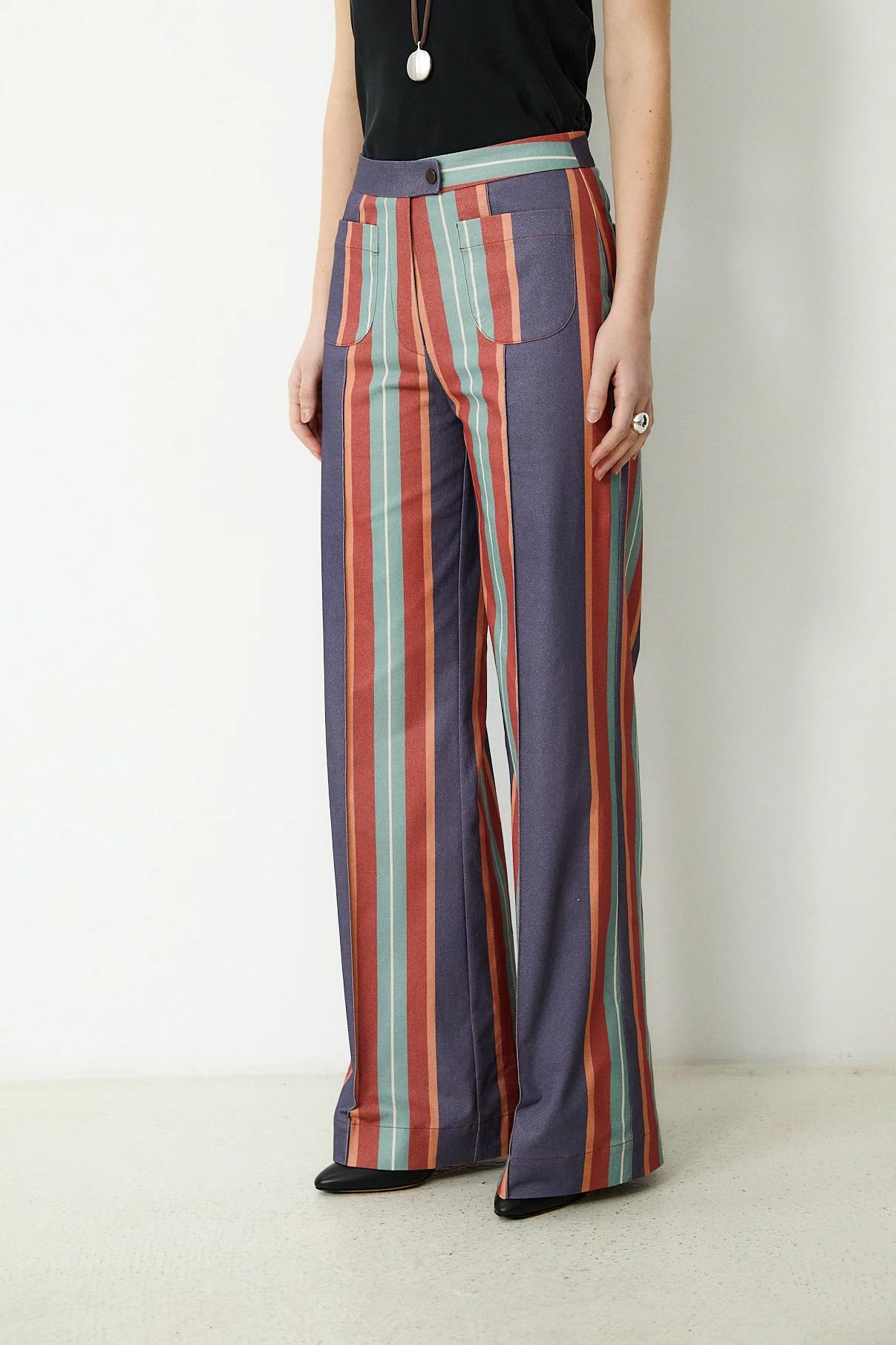 PALMI | Blue Striped Italian Cotton Wide-Leg Trousers - Image 4