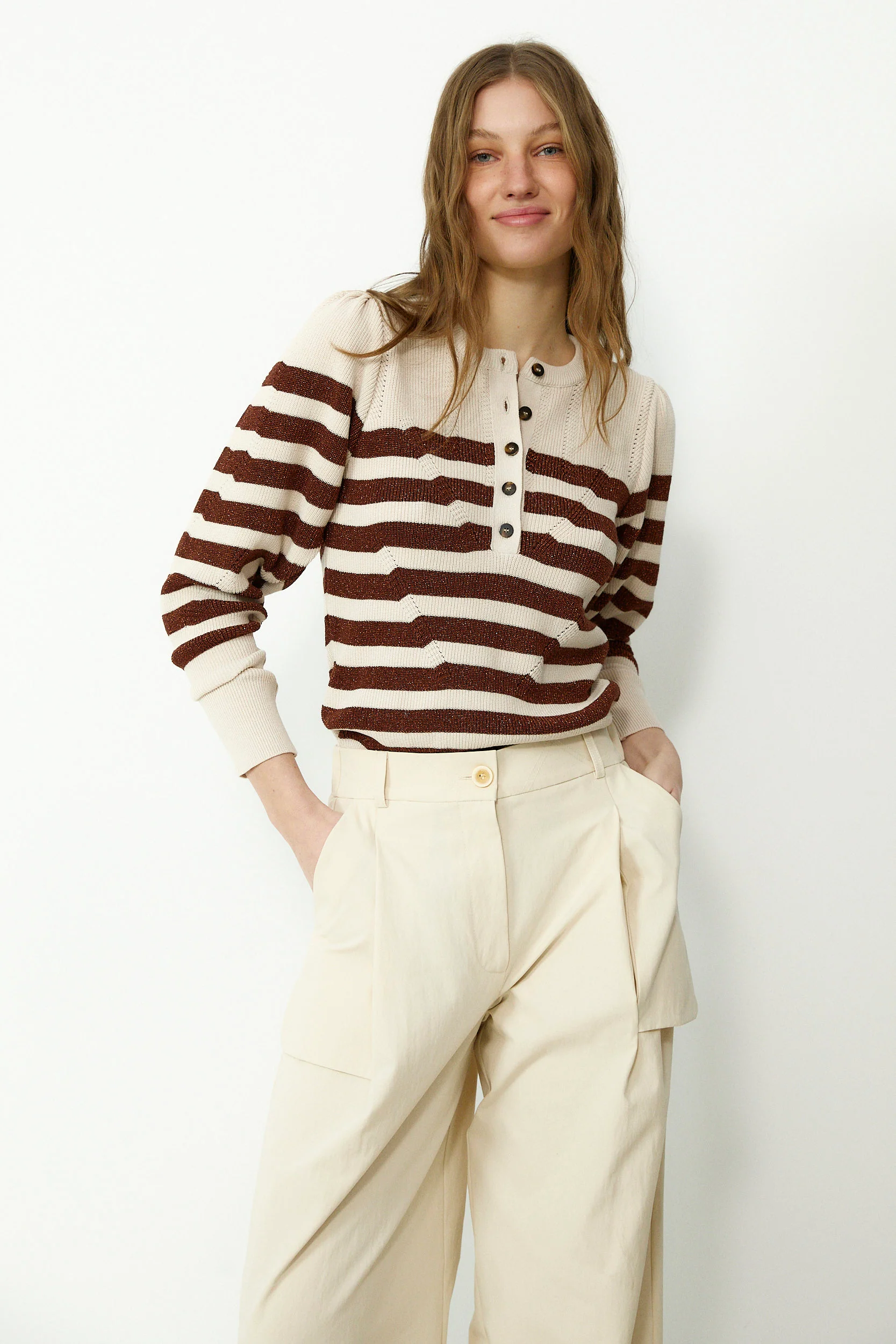 SABRINA | Metallic Brown & Cream Striped Knit Sweater - Image 3