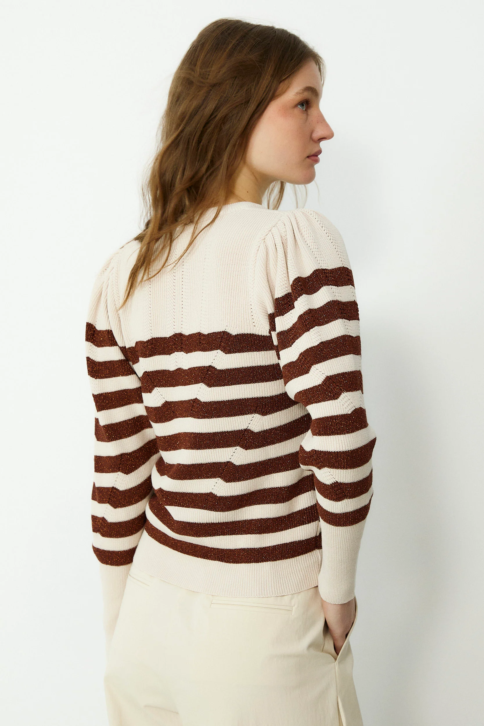SABRINA | Metallic Brown & Cream Striped Knit Sweater - Image 4