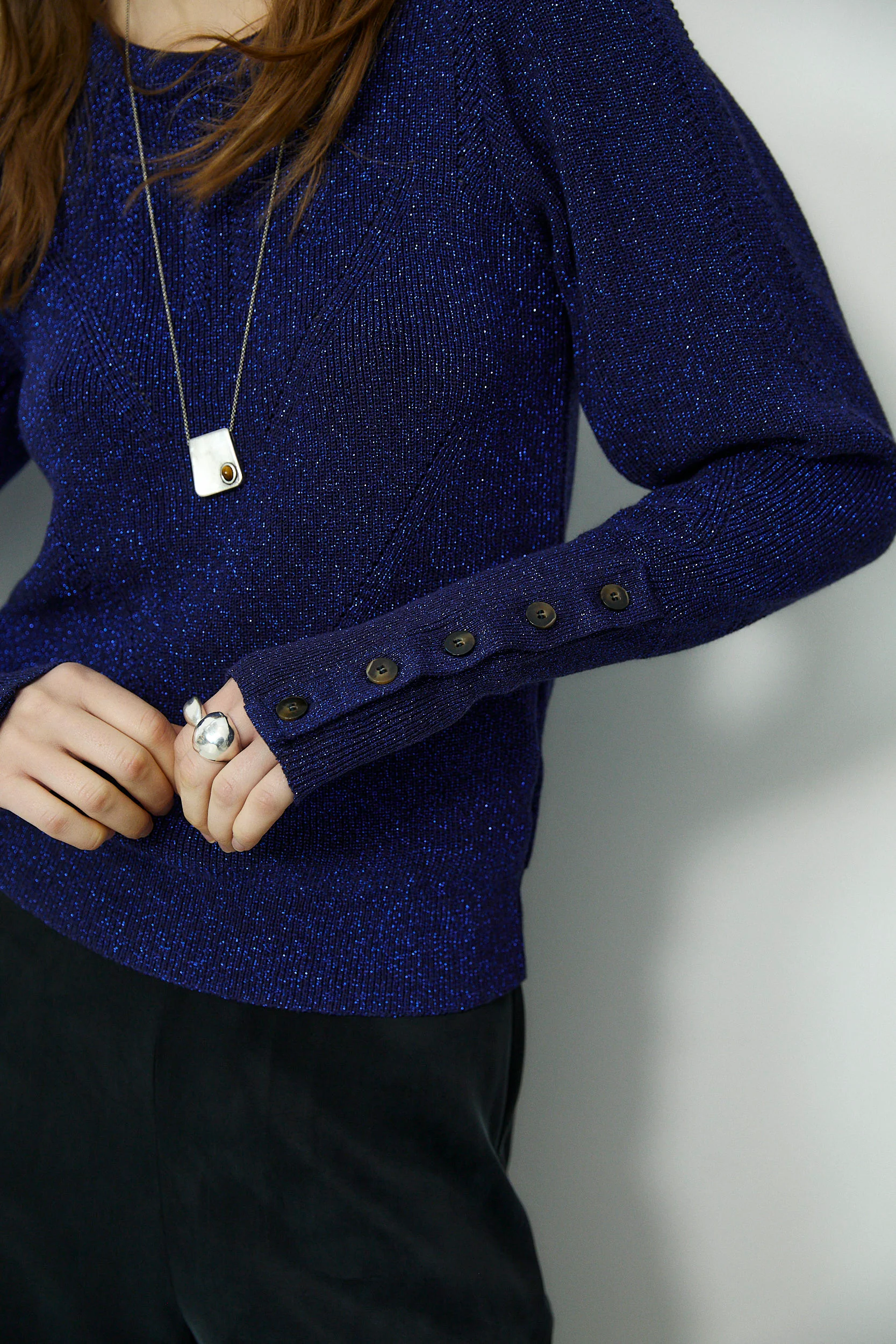 SANDRA | Navy Fitted Metallic Sweater - Image 3