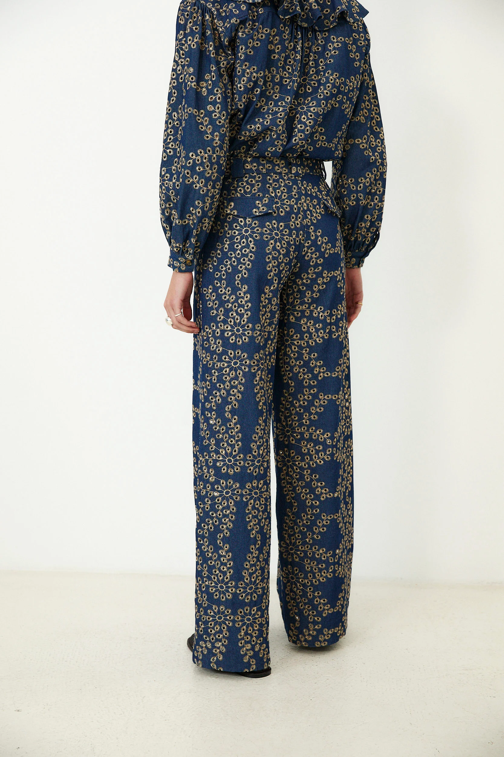 SKYSTITCH | Denim Blue Cotton Embroidered Trousers - Image 4