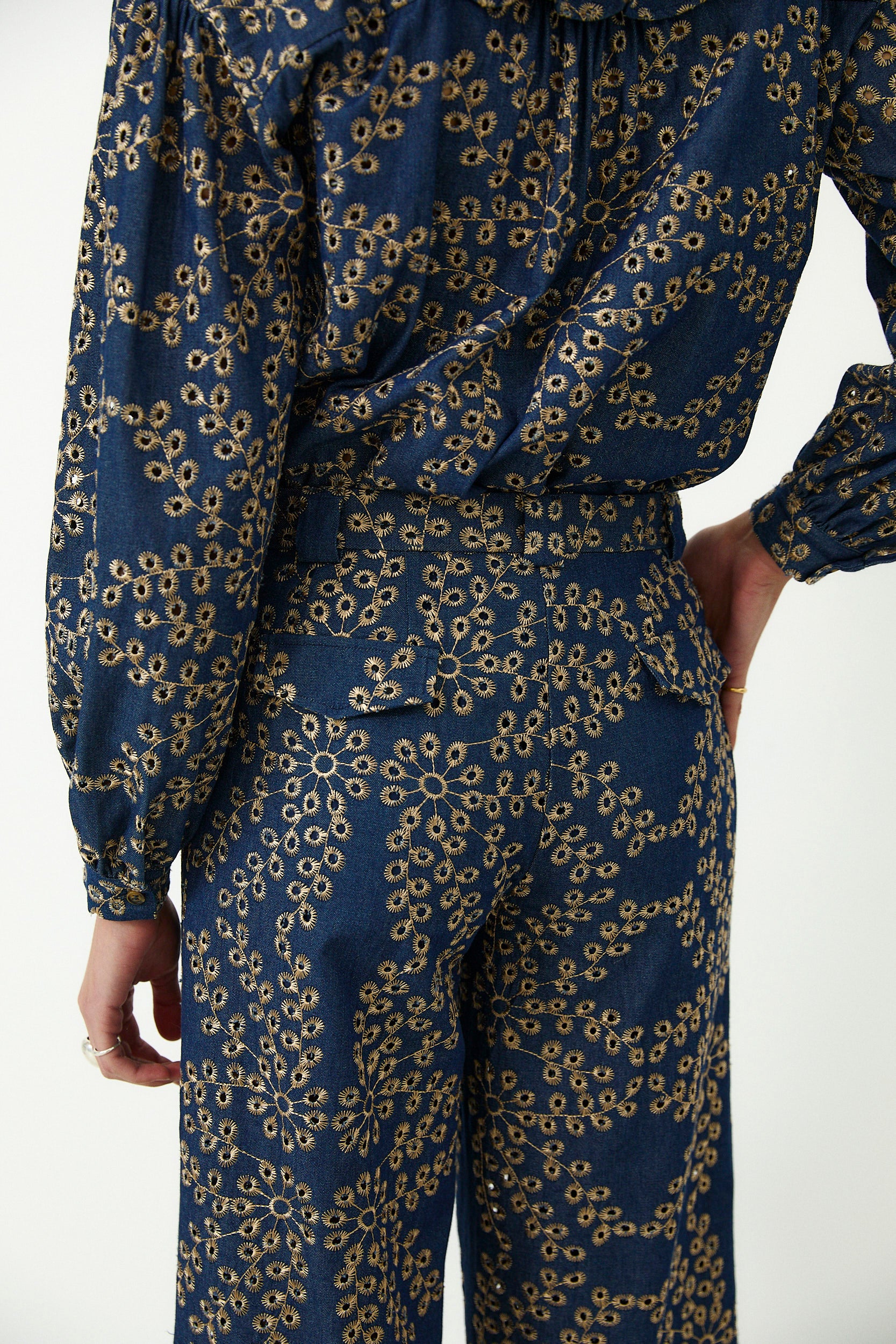 SKYSTITCH | Denim Blue Cotton Embroidered Trousers - Image 5