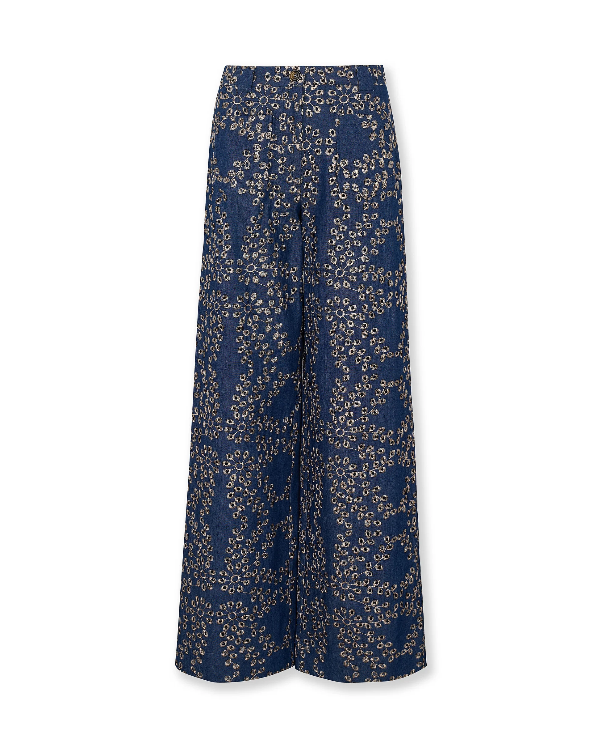 SKYSTITCH | Denim Blue Cotton Embroidered Trousers - Image 6