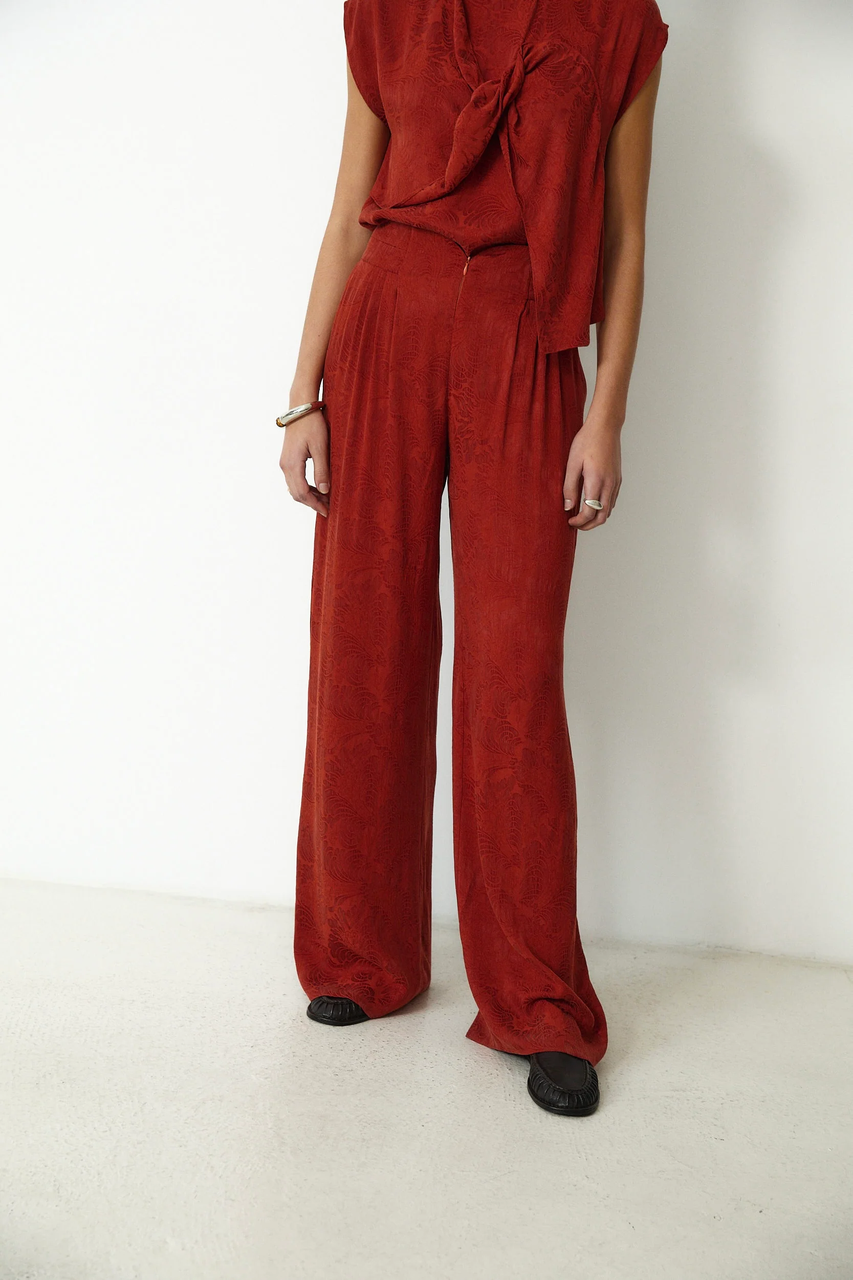 SULTANA | Rust Tonal Jacquard Wide Leg Trousers - Image 3