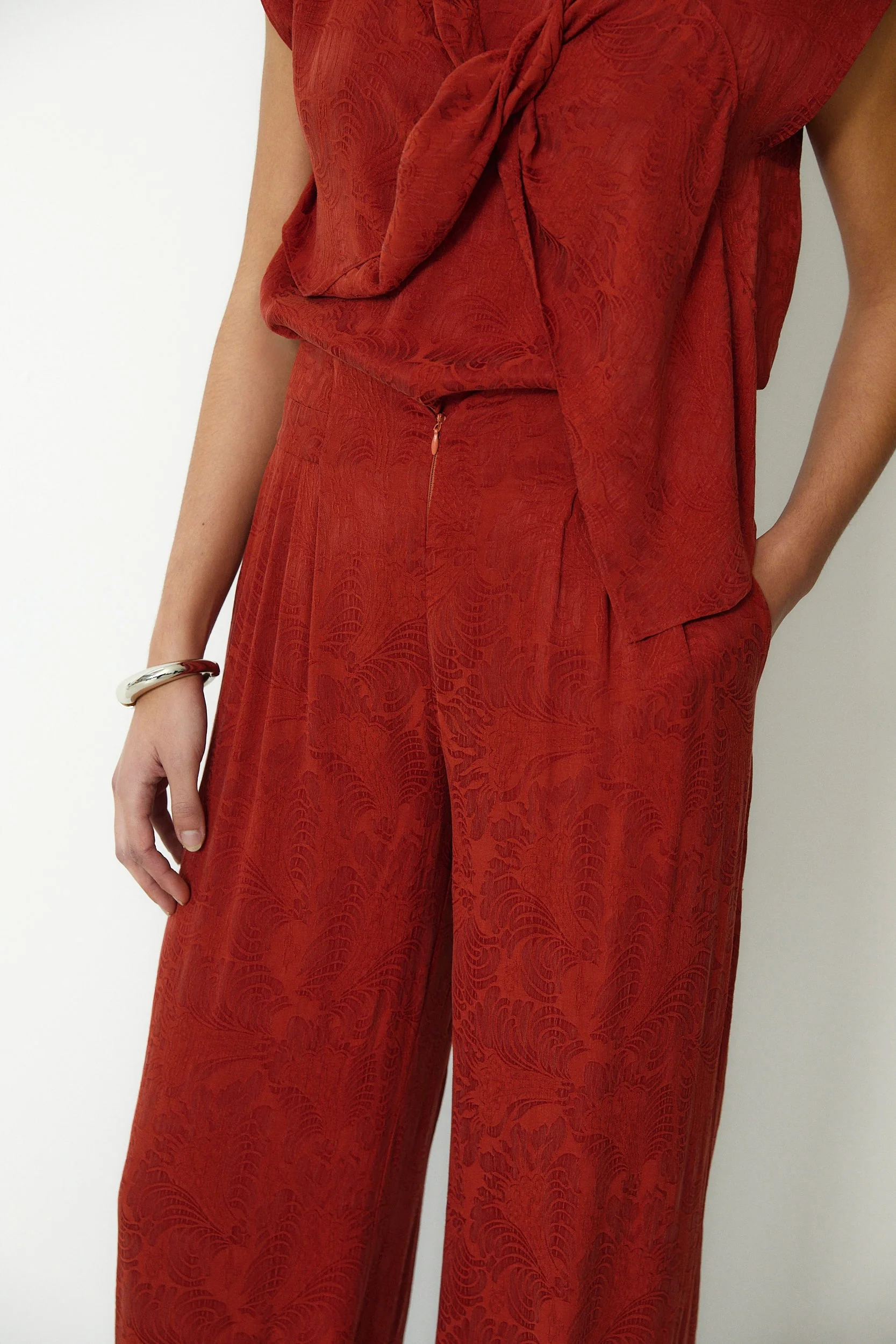 SULTANA | Rust Tonal Jacquard Wide Leg Trousers - Image 5