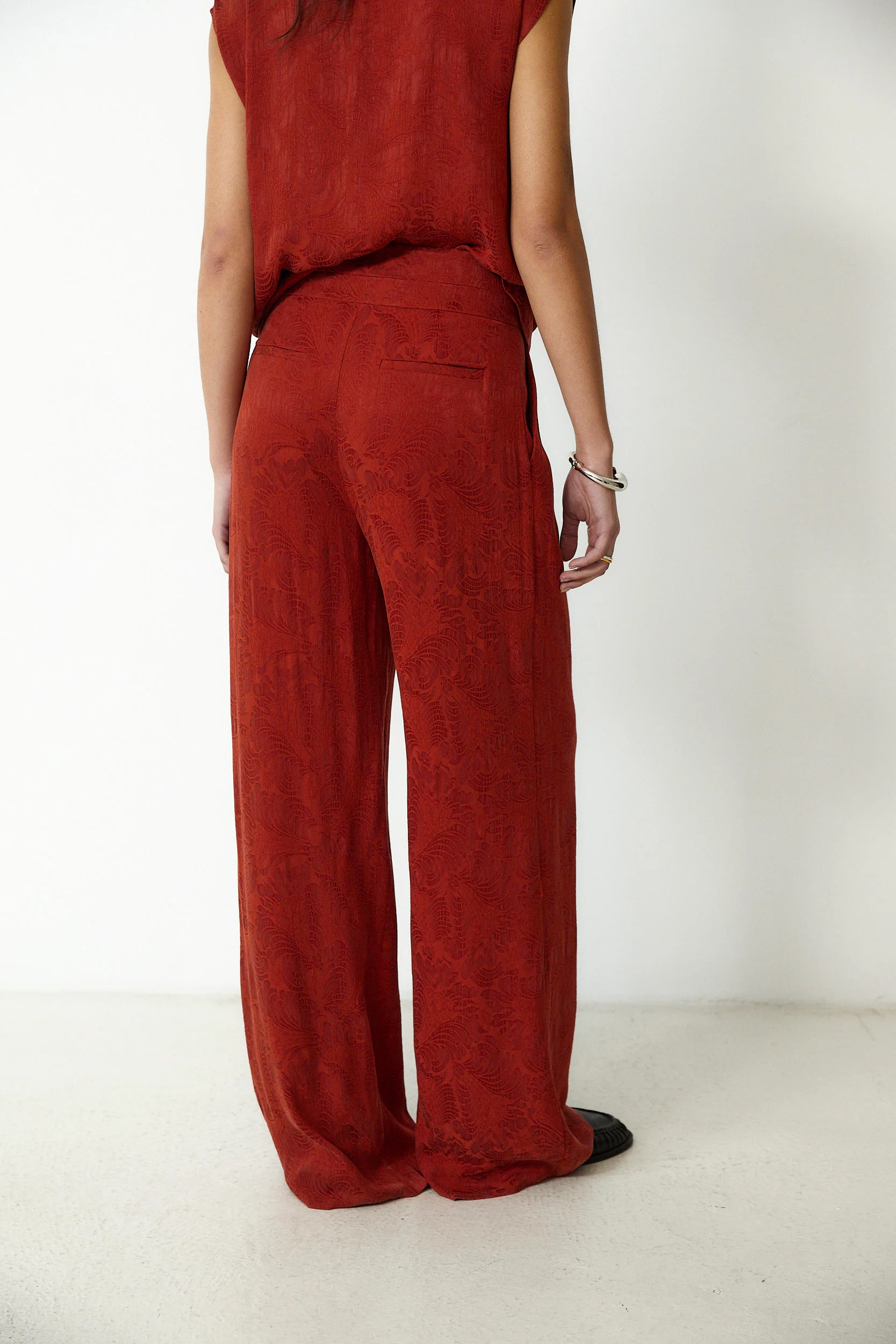 SULTANA | Rust Tonal Jacquard Wide Leg Trousers - Image 6